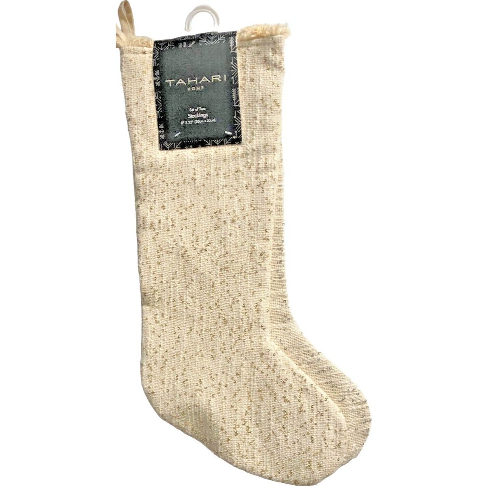 Tahari Home Set Of 2 Christmas Stockings 22" Sequins Gold Lined Fringed Holiday